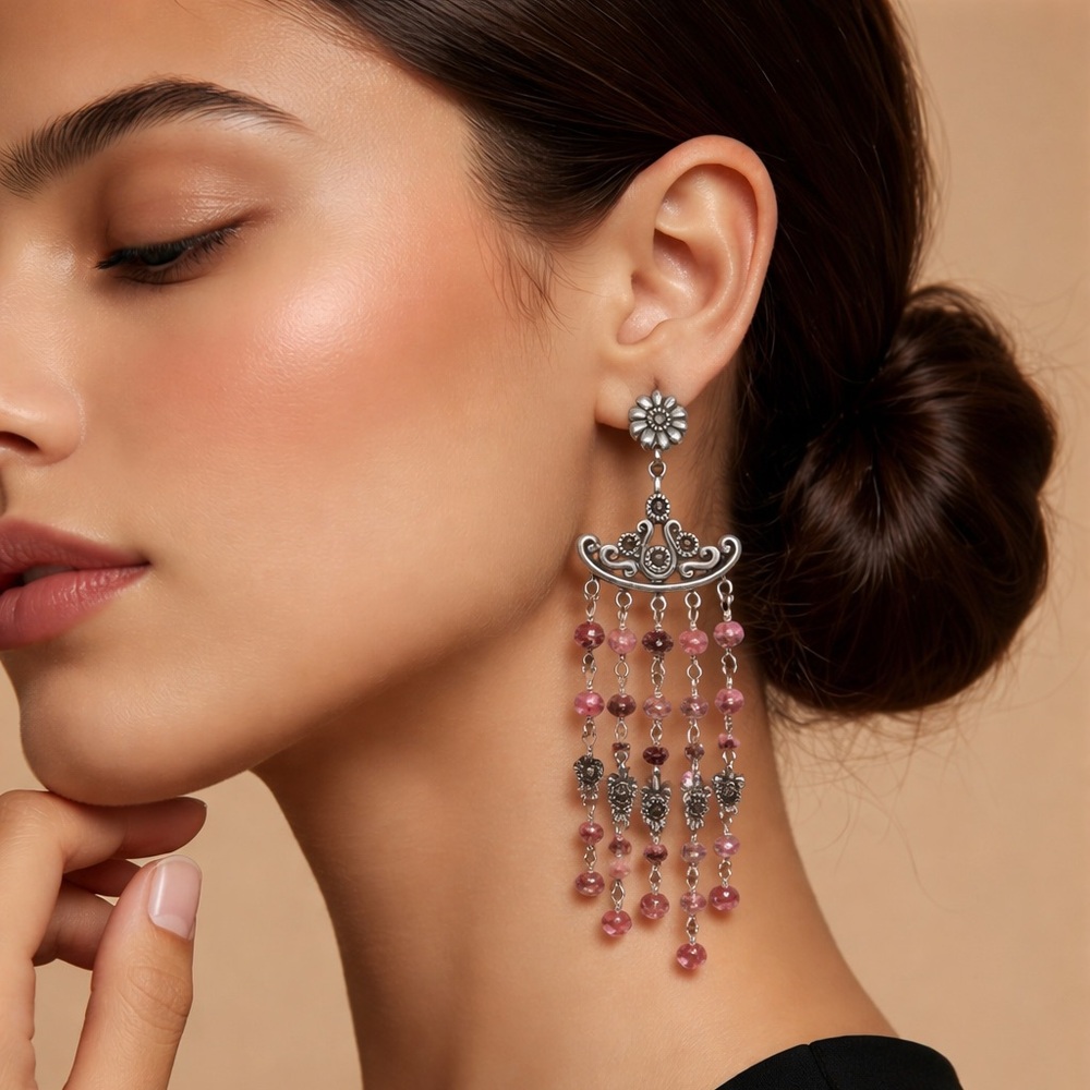 Natural Garnet and Marcasite Gemstones Chandelier Earrings 925 - Picture 1 of 7
